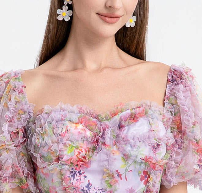 Square Neck Ruffle Sleeve Tulle Fairy Dress