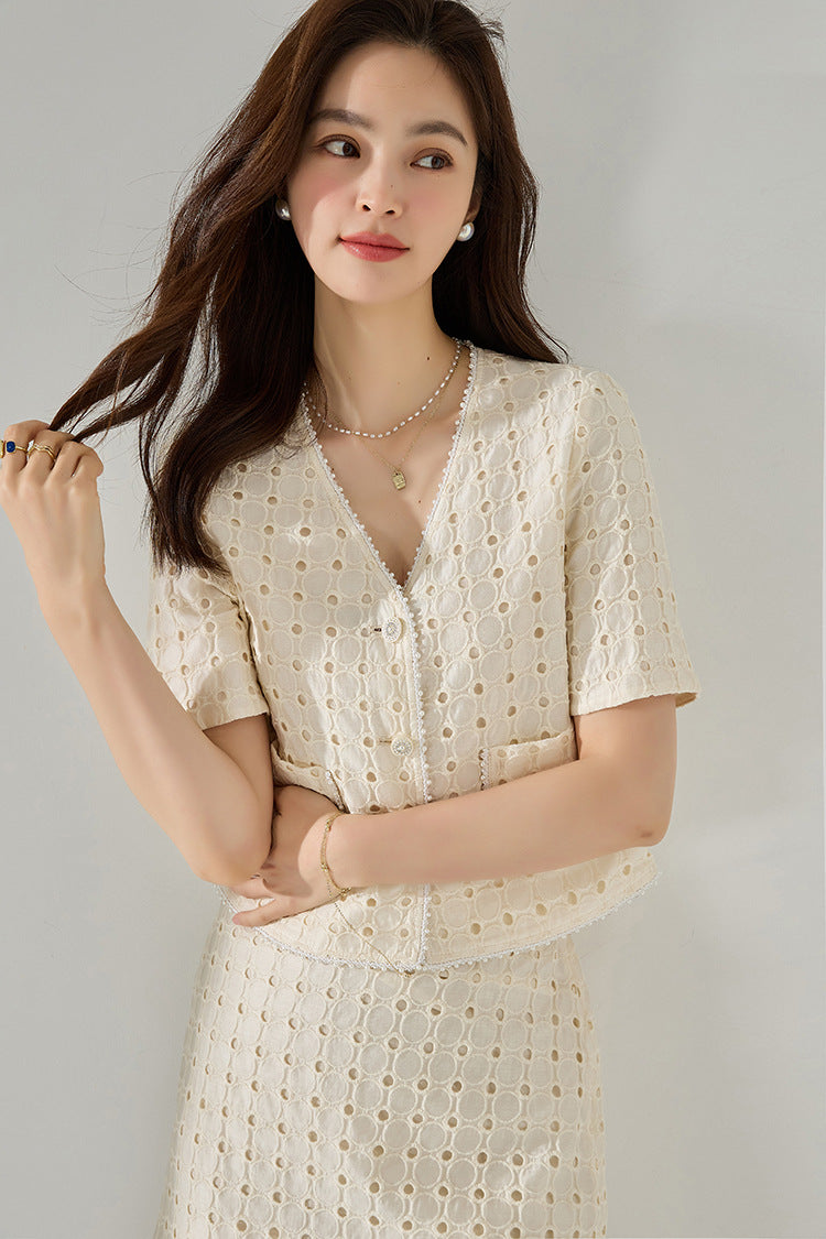 Elegant Geometry Ecru Tencel Top and Midi Top&Skirt