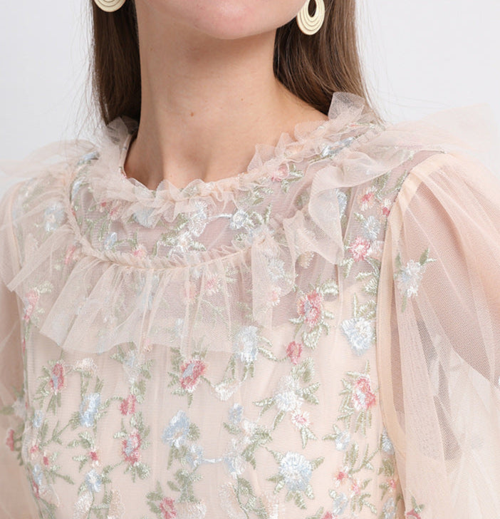 Ruffled Long Dress with Sheer Tulle Hem