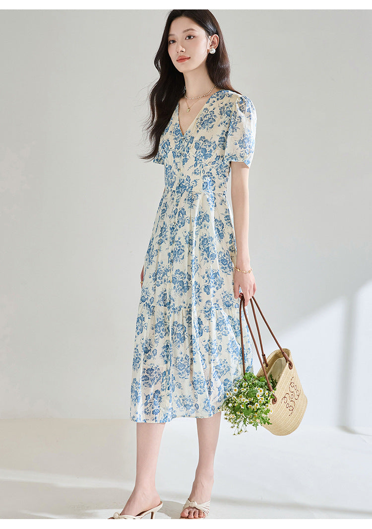 French Blue Floral Cotton Dress – Tie Waist, V-Neck