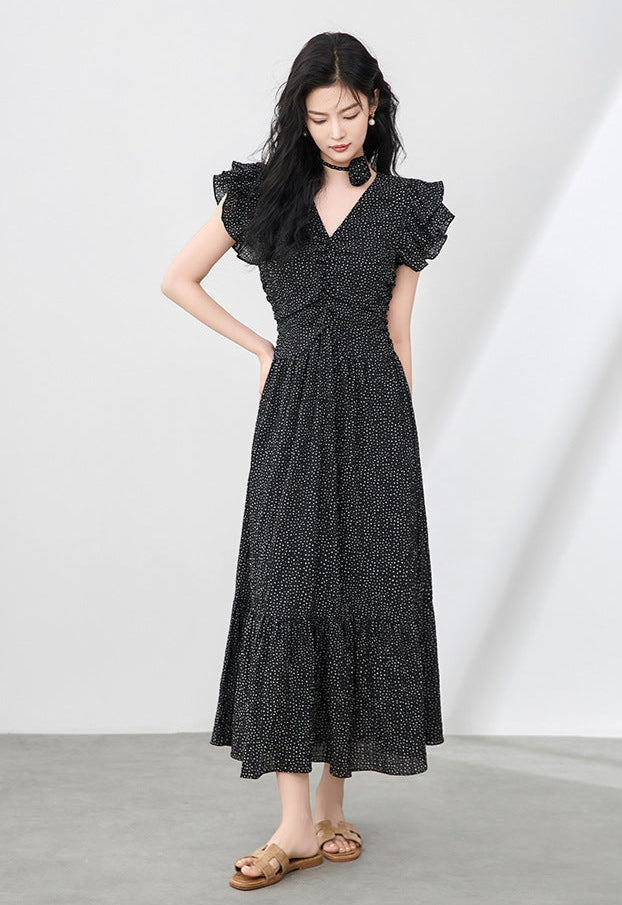 Romantic Polka Dot Midi Dress with Ruffle Sleeves and Necklace Detail