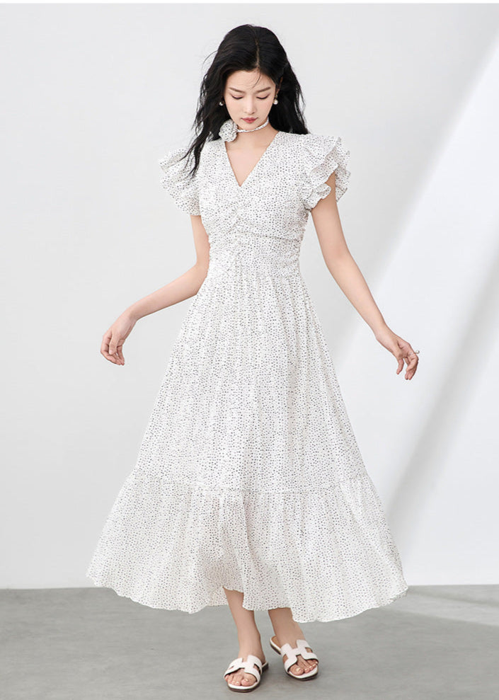 Romantic Polka Dot Midi Dress with Ruffle Sleeves and Necklace Detail