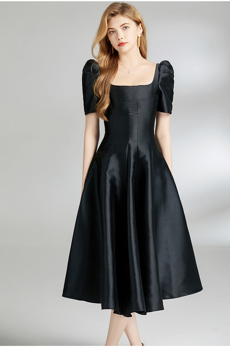 Elegant Hepburn Square-Neck Midi Dress