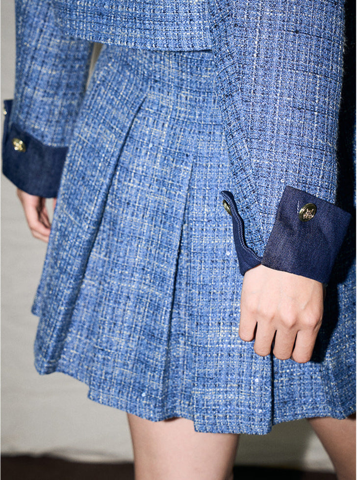 French Retro Pleated Blazer and Skirt Set – Chanel-Inspired Denim Elegance