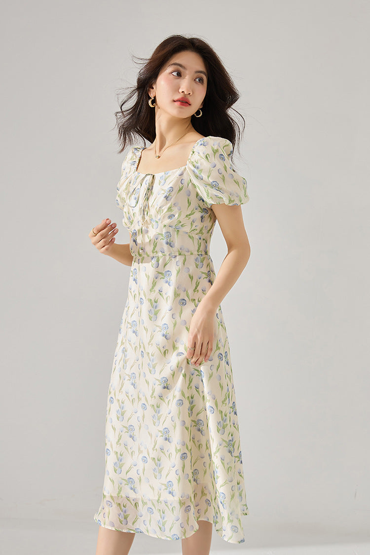 Fitted Waist Polka Dot Puff Sleeve Summer Dress