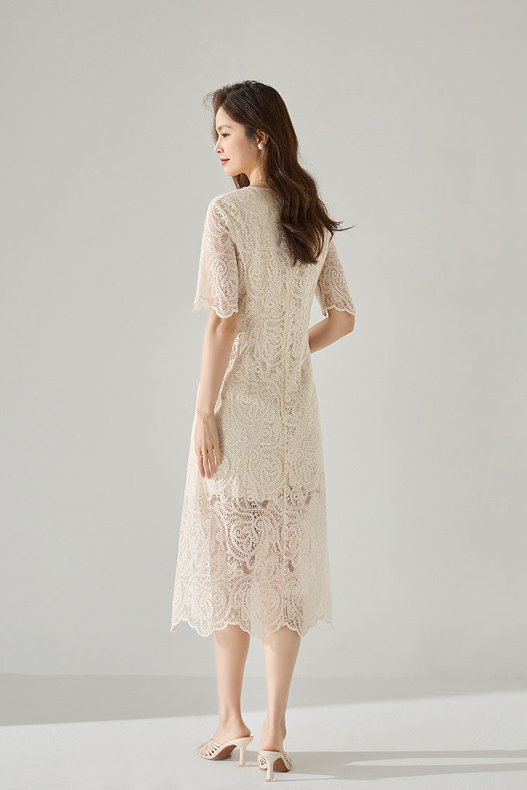 90% Cotton Blend in Soft Ecru Elegant Lace Midi Dress