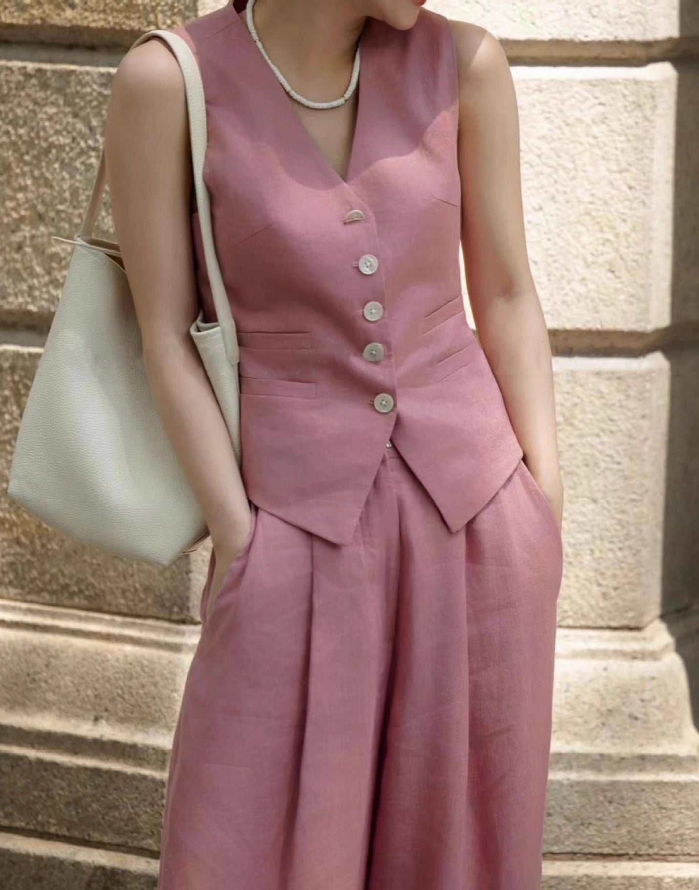 Pink Linen Vest & Wide-Leg Trousers Set – Elegant, Breezy, Timeless