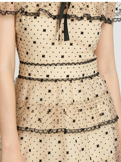 Retro Polka Dot Tiered Tulle Dress – Apricot Elegance
