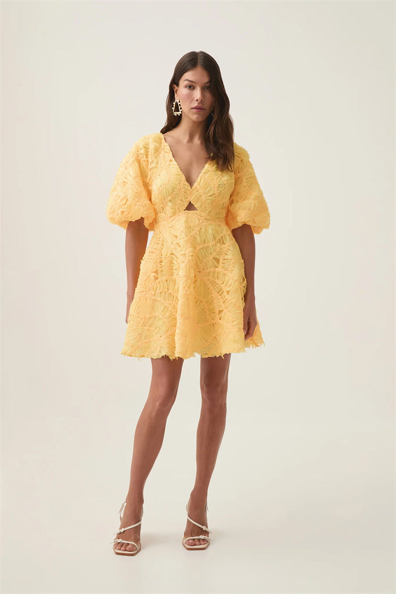 Textured Short Puff Sleeve A-Line Dress