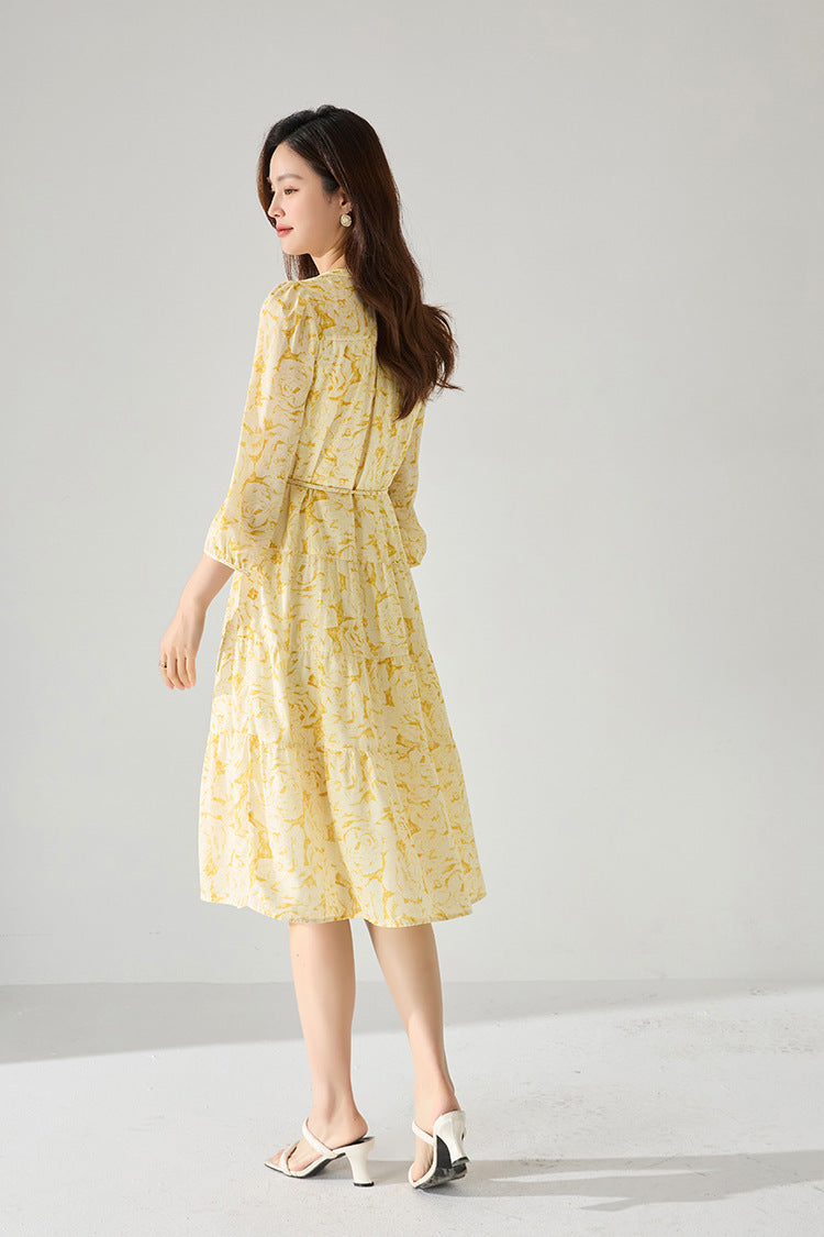 Yellow Floral Chiffon Long Dress
