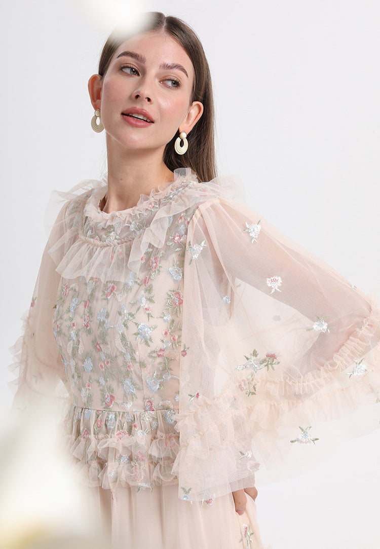 Ruffled Long Dress with Sheer Tulle Hem