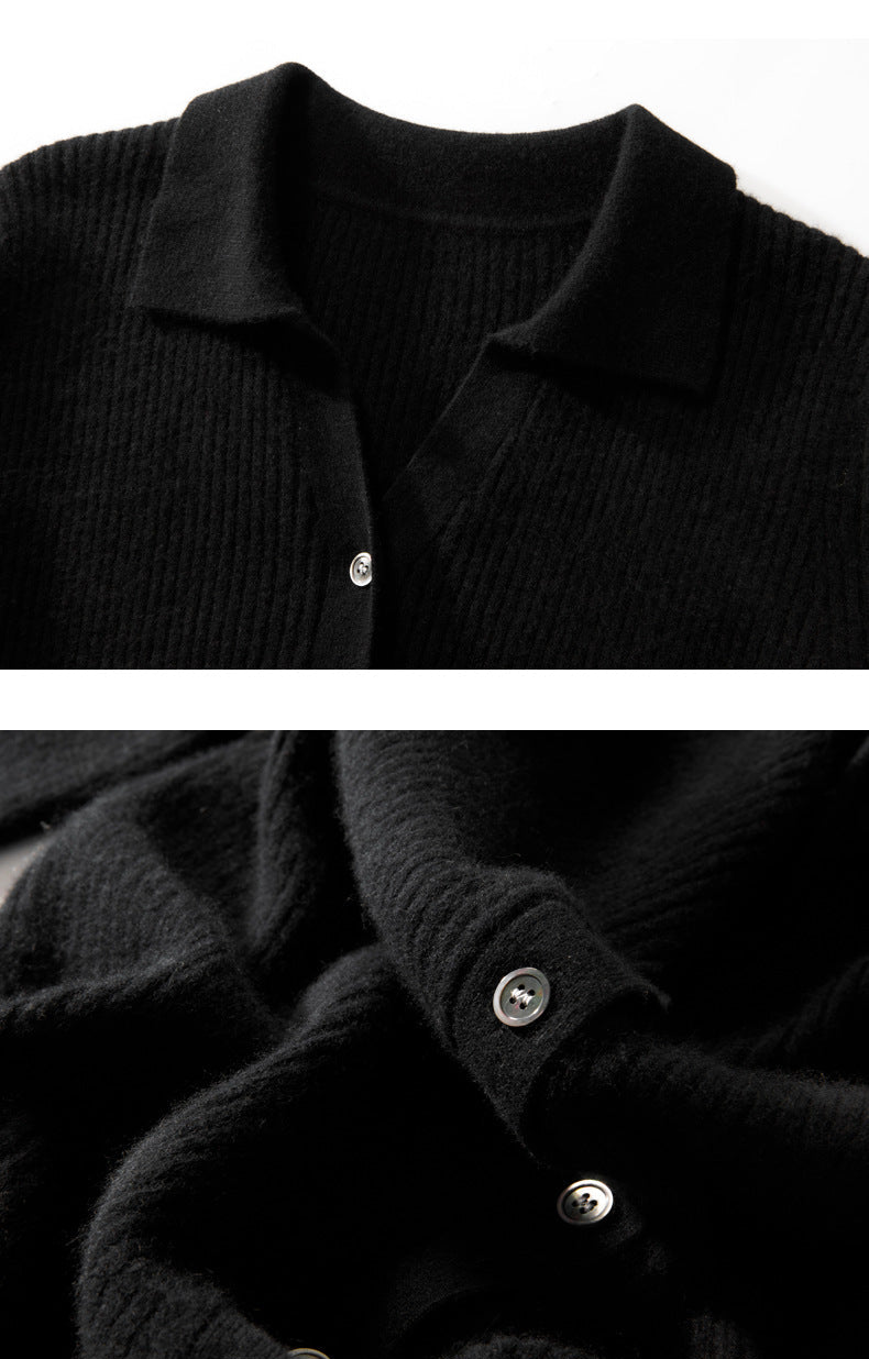 100% Pure Cashmere Polo Collar Cardigan – Long Sleeve, Classic Fit, Ultra-Soft