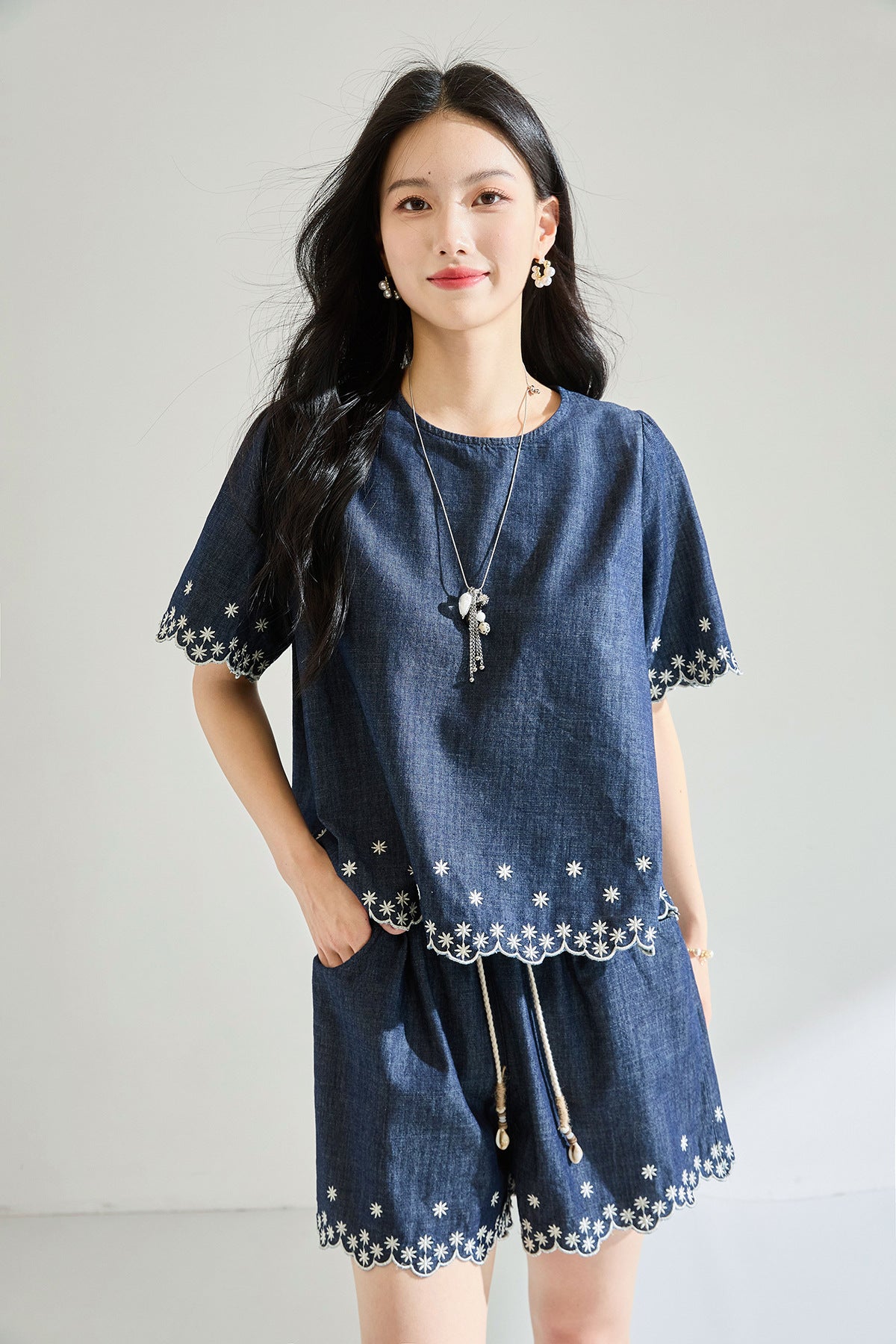 Embroidered Denim Two-Piece Set with High-Waisted Shorts