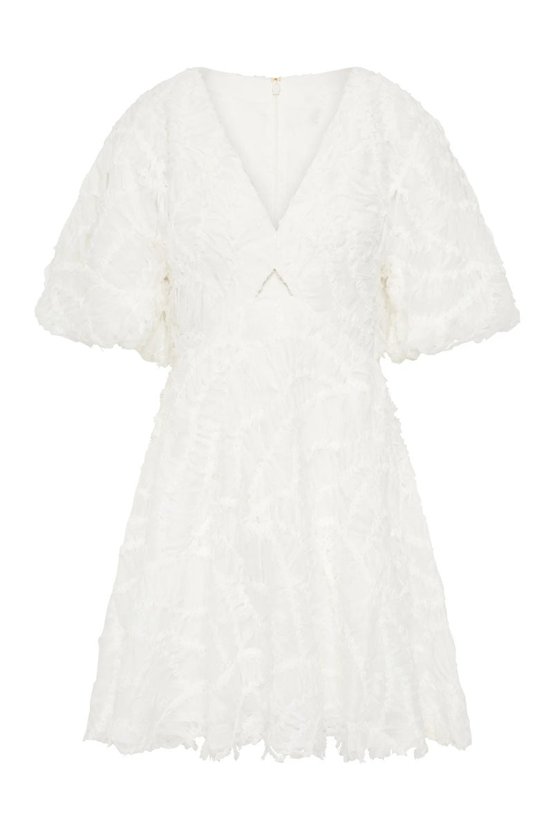 Textured Short Puff Sleeve A-Line Dress