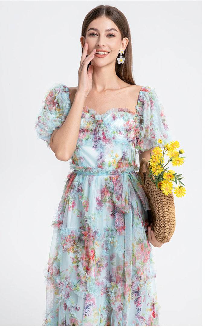 Square Neck Ruffle Sleeve Tulle Fairy Dress