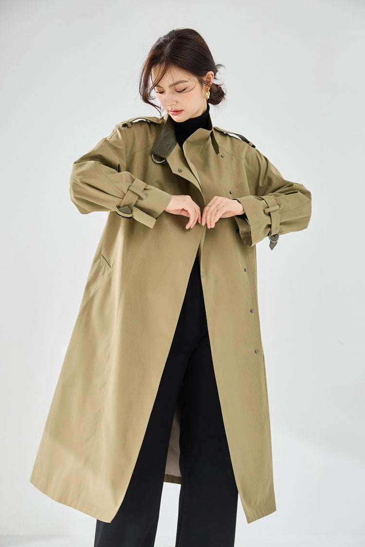 Velvet-Textured Stand Collar Mid-Length Trench Coat