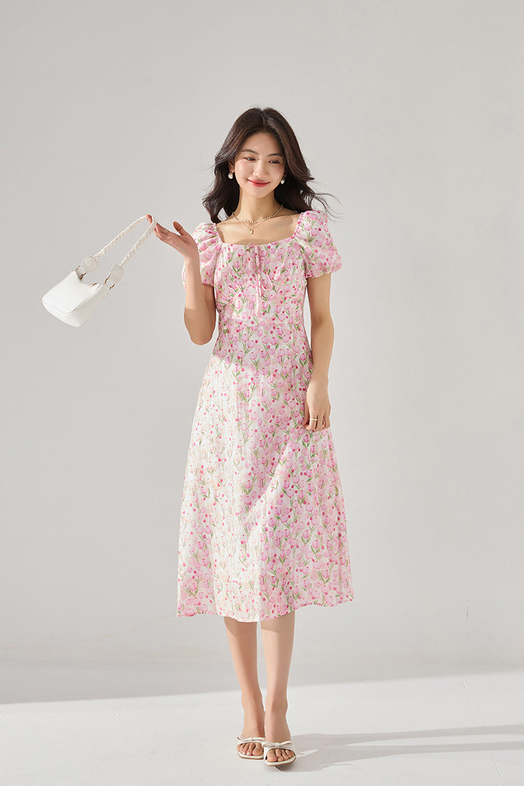 Fitted Waist Polka Dot Puff Sleeve Summer Dress