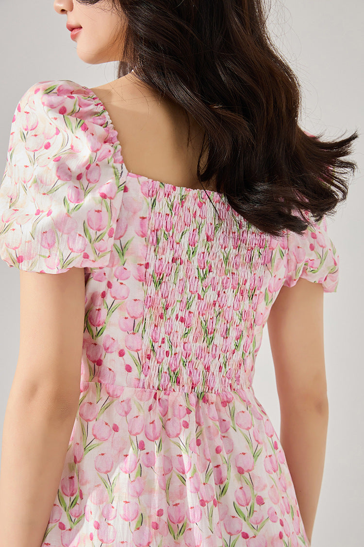 Fitted Waist Polka Dot Puff Sleeve Summer Dress