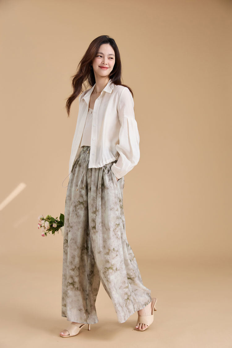 Elegant Ink Print Wide-Leg Tencel Pants