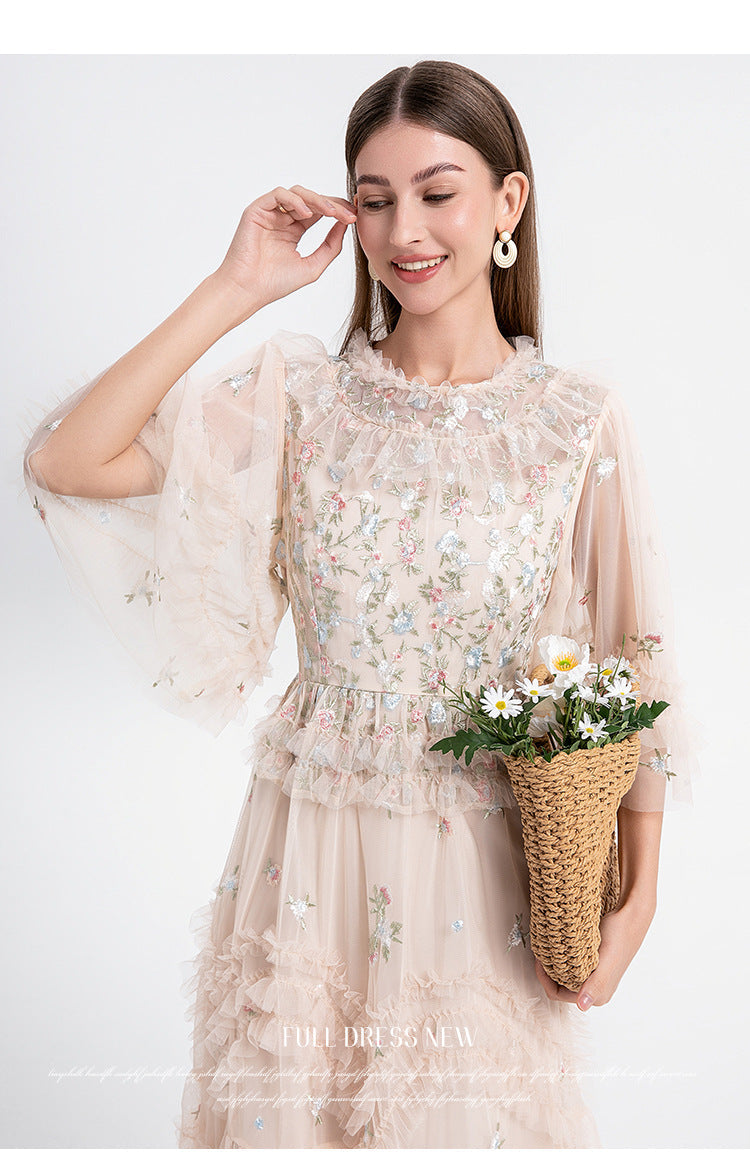 Ruffled Long Dress with Sheer Tulle Hem