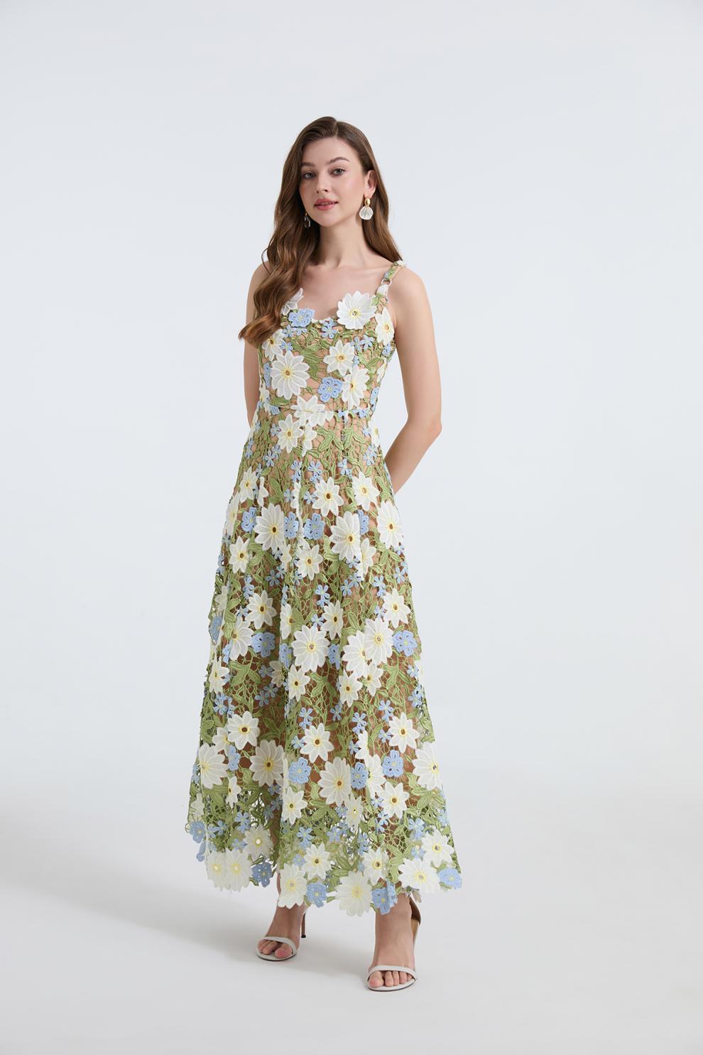 Embroidered One-Shoulder Green Maxi Dress