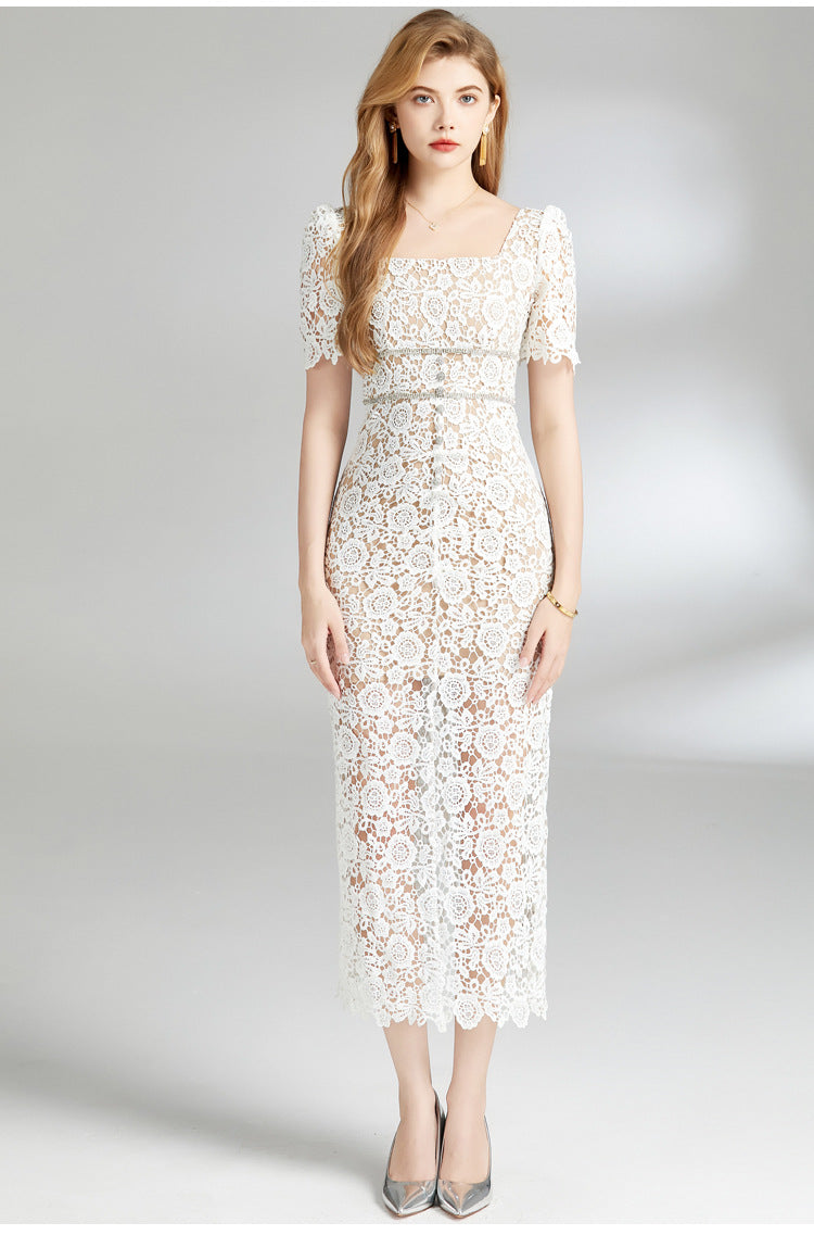 Square Neck Floral Lace Midi Dress