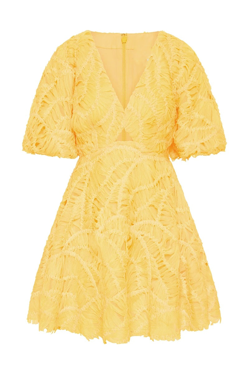 Textured Short Puff Sleeve A-Line Dress