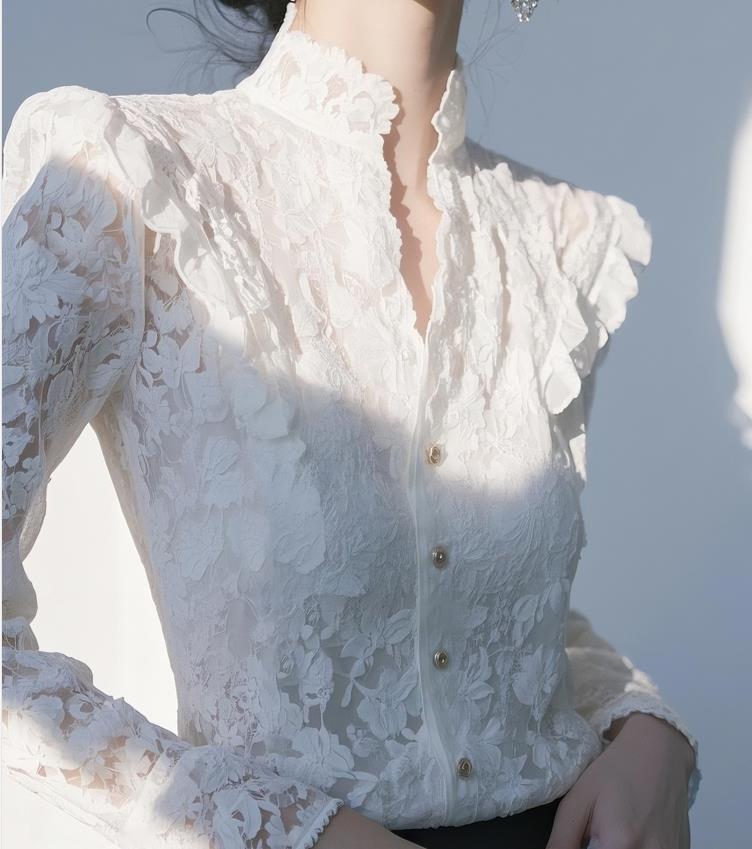 French Elegance White Lace Shirt