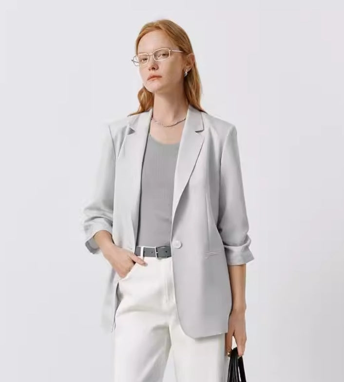 Pearl Grey Buttoned Cropped Jacket with Three-Quarter Sleeves
