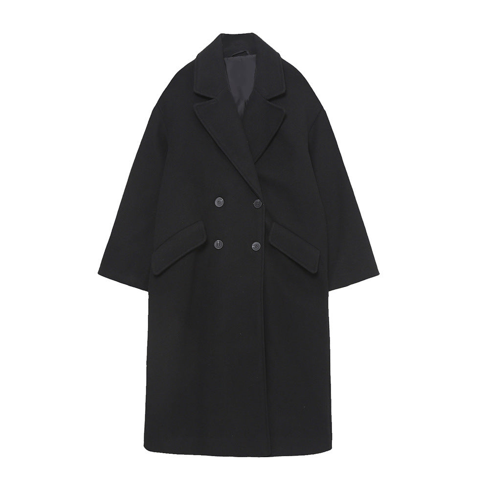 Double-Breasted Cotton Blend Long Coat – Relaxed Fit, Lightweight Warmth