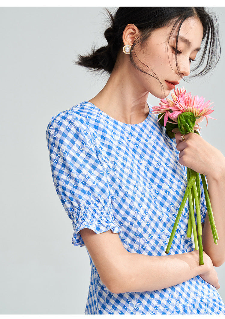 Blue-White Plaid Midi Dress