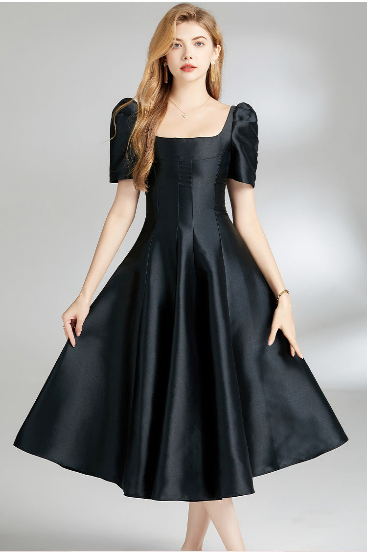 Elegant Hepburn Square-Neck Midi Dress