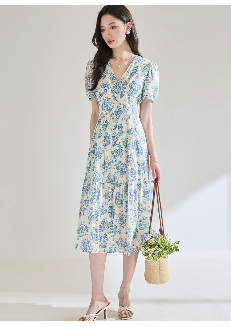 French Blue Floral Cotton Dress – Tie Waist, V-Neck