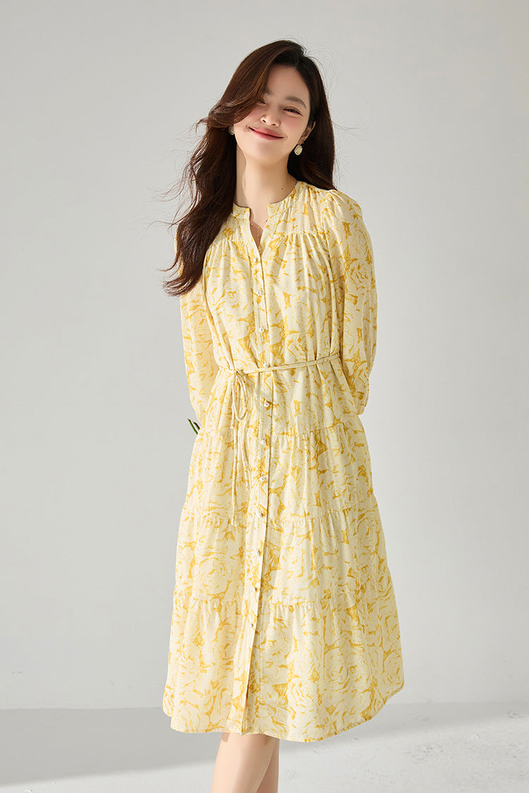 Yellow Floral Chiffon Long Dress