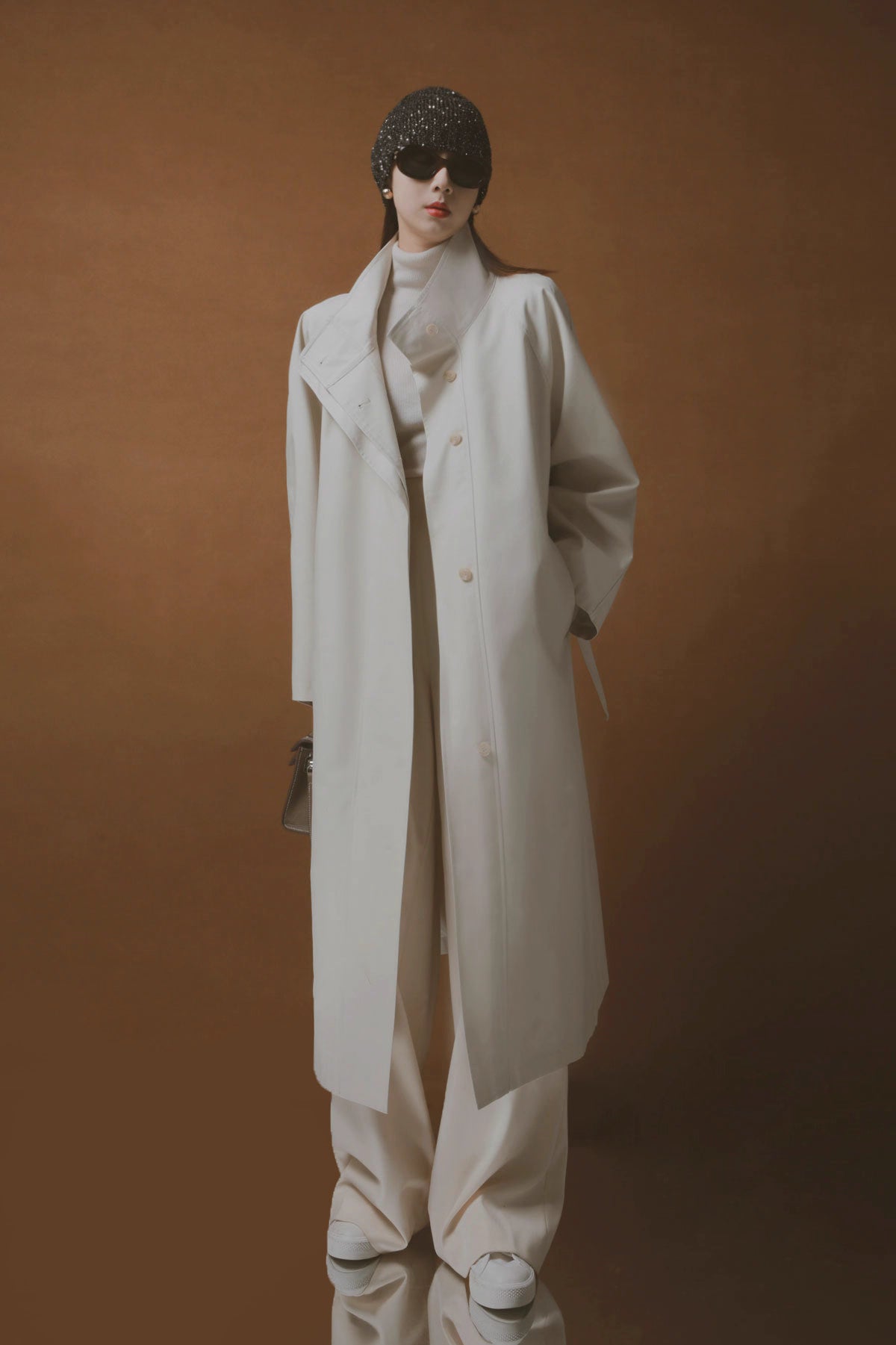 Draped Double-Breasted Tencel Trench Coat