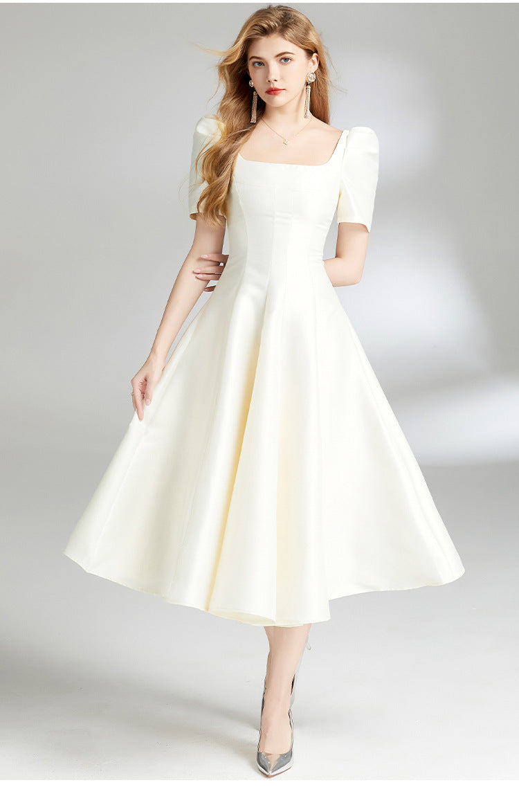 Elegant Hepburn Square-Neck Midi Dress