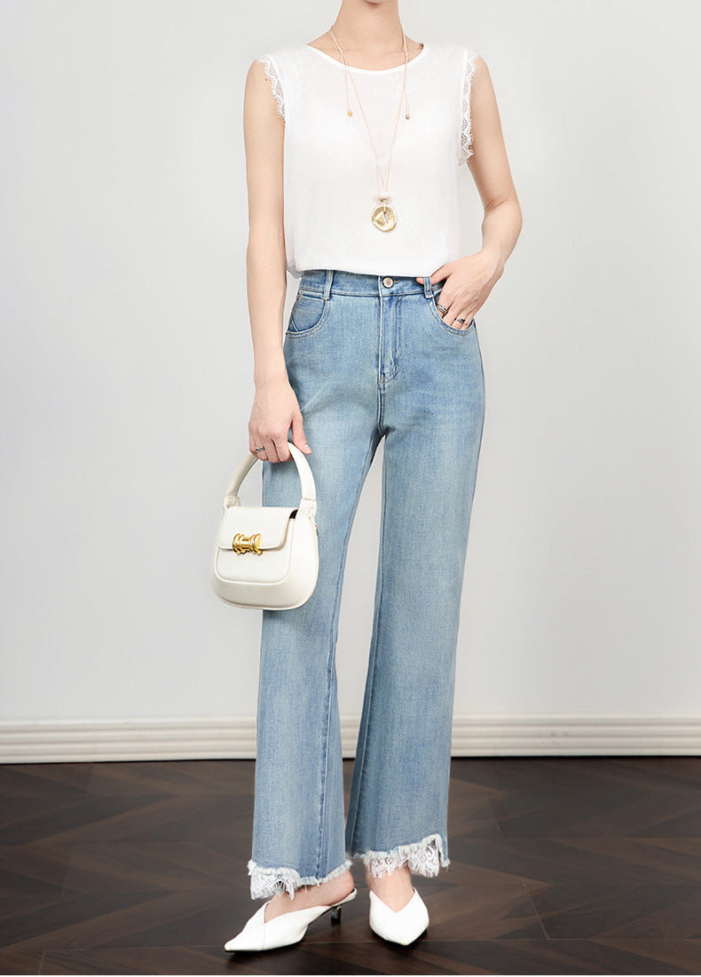 High Waist Wide-Leg Jeans with Lace Hem