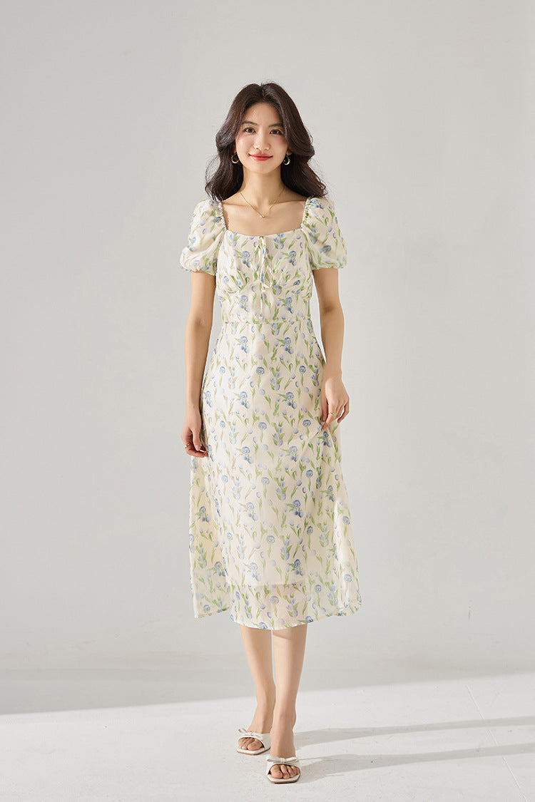 Fitted Waist Polka Dot Puff Sleeve Summer Dress