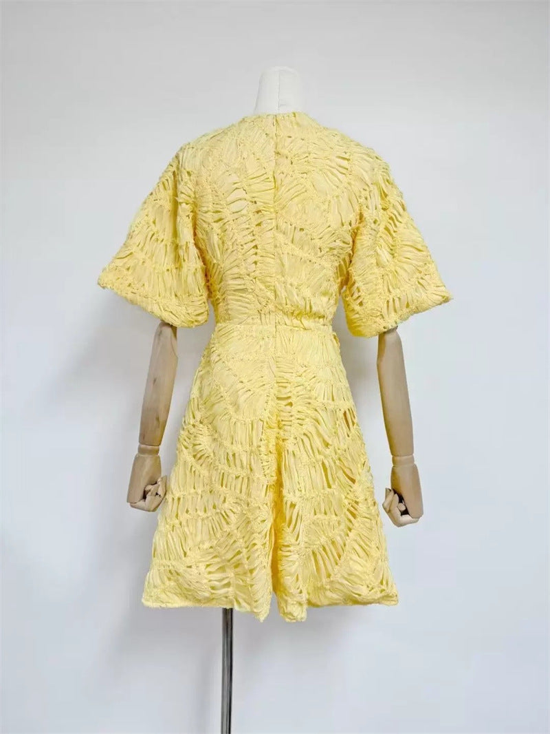 Textured Short Puff Sleeve A-Line Dress