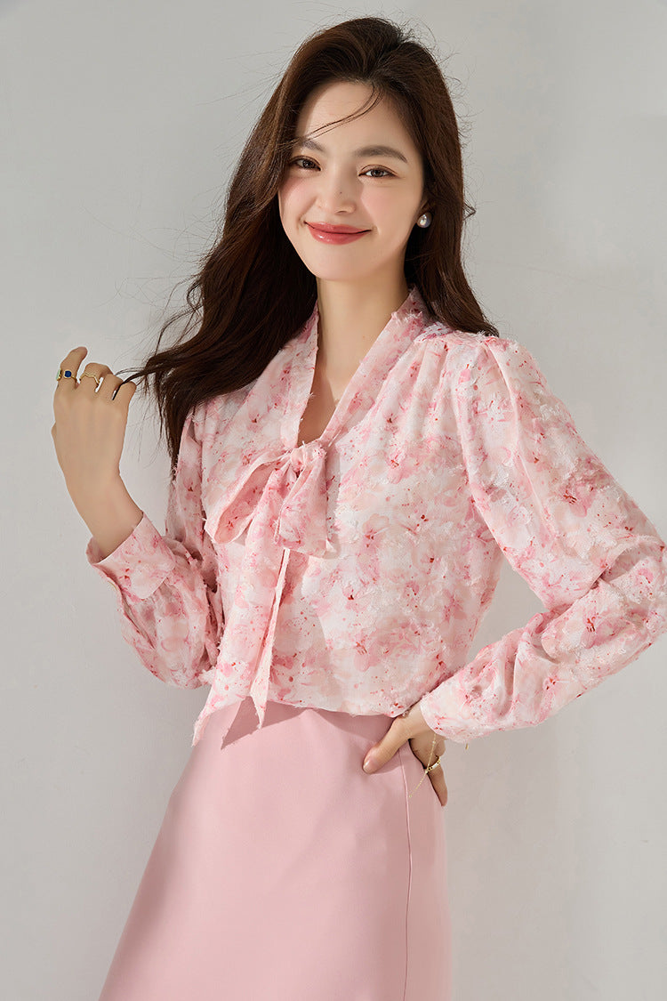 Pink Floral Chiffon Blouse with Bow