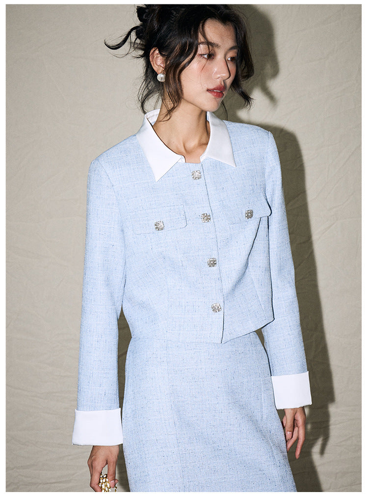 Elegant Contrast-Trim Mermaid Skirt Blazer Set