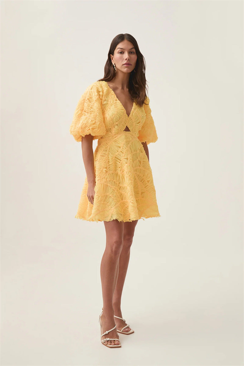 Textured Short Puff Sleeve A-Line Dress
