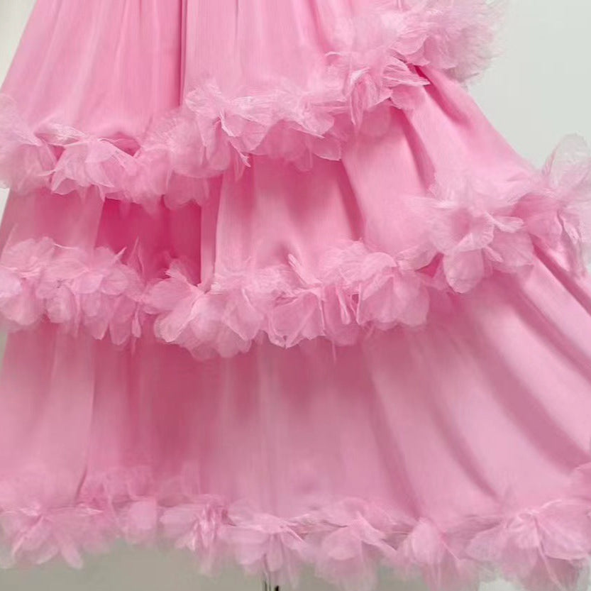 3D Floral High-Neck Evening Gown – Elegant Pink