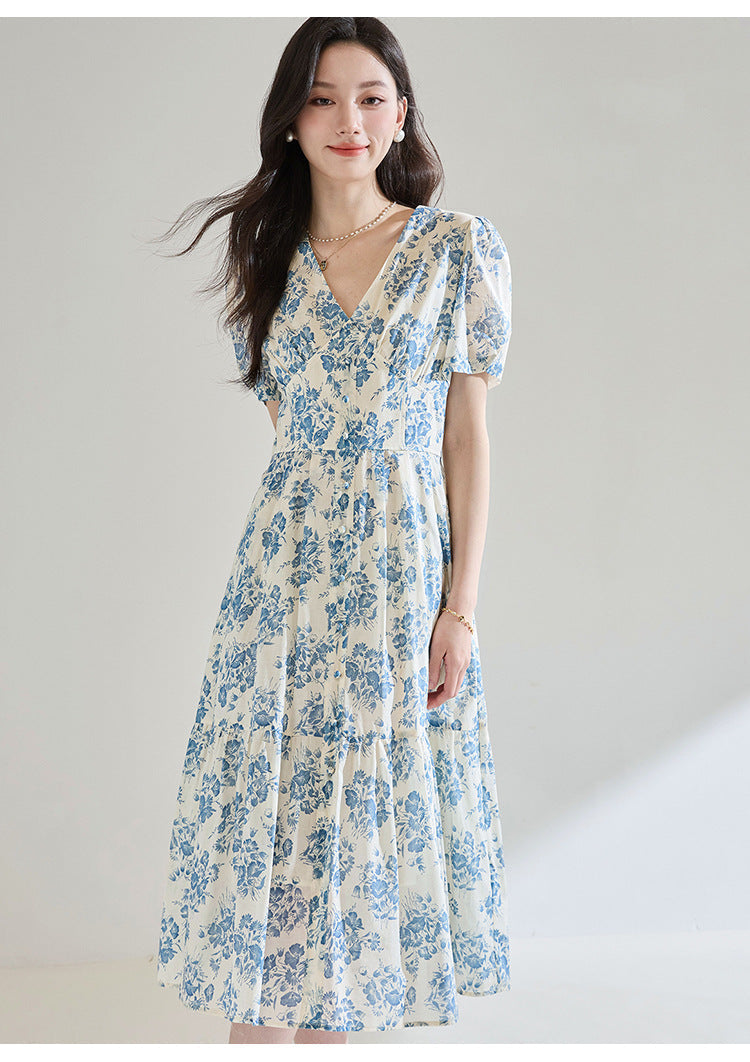 French Blue Floral Cotton Dress – Tie Waist, V-Neck