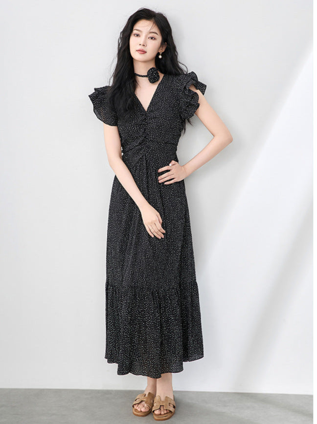 Romantic Polka Dot Midi Dress with Ruffle Sleeves and Necklace Detail