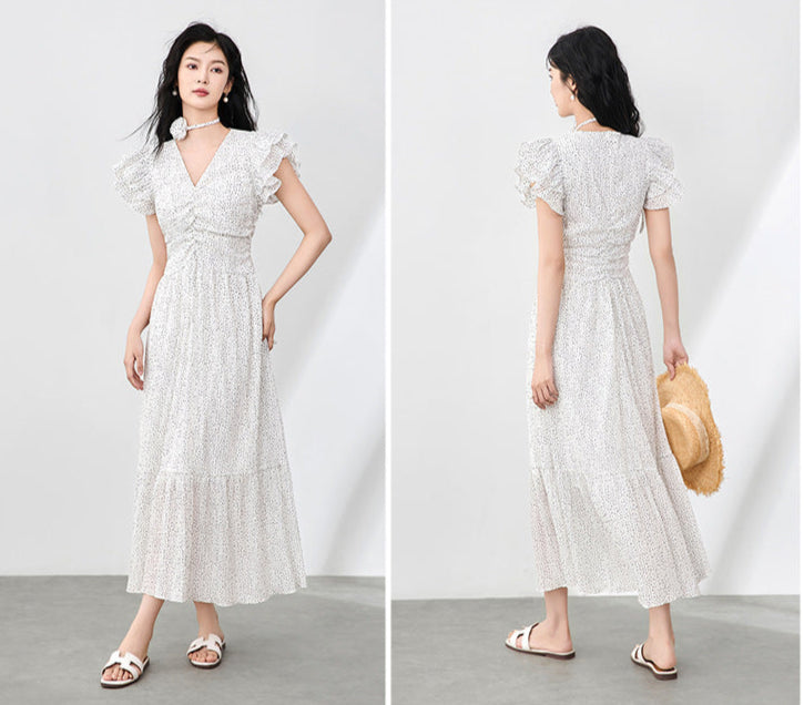 Romantic Polka Dot Midi Dress with Ruffle Sleeves and Necklace Detail