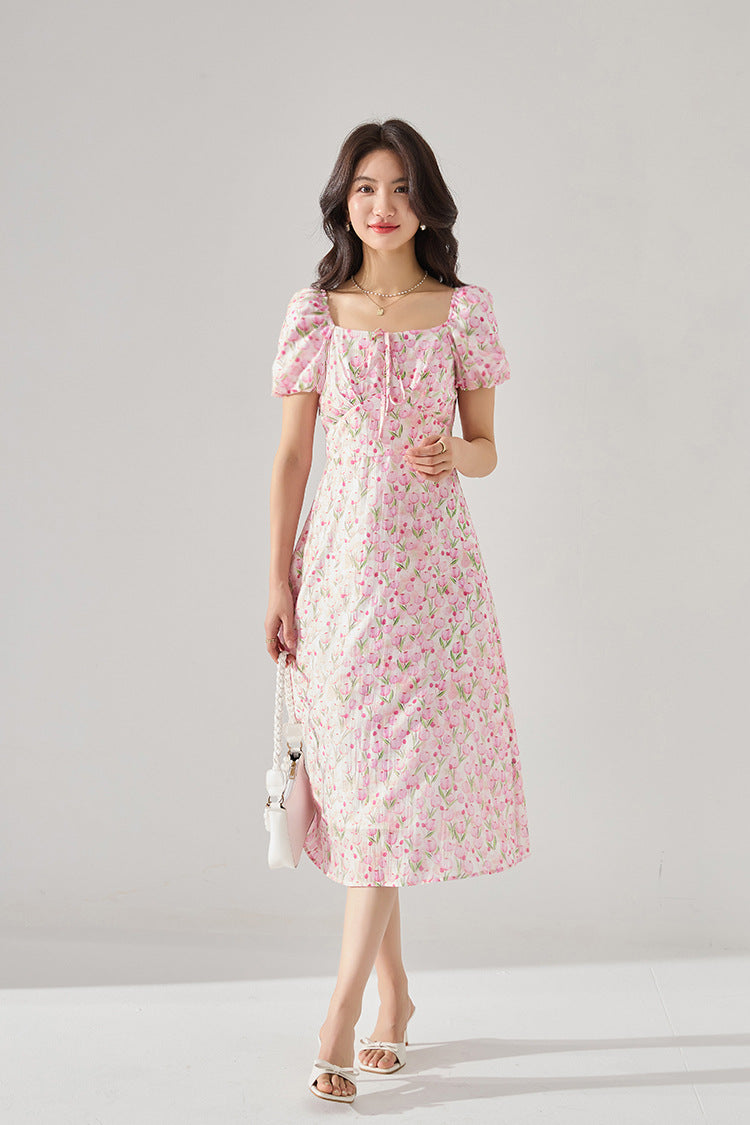 Fitted Waist Polka Dot Puff Sleeve Summer Dress