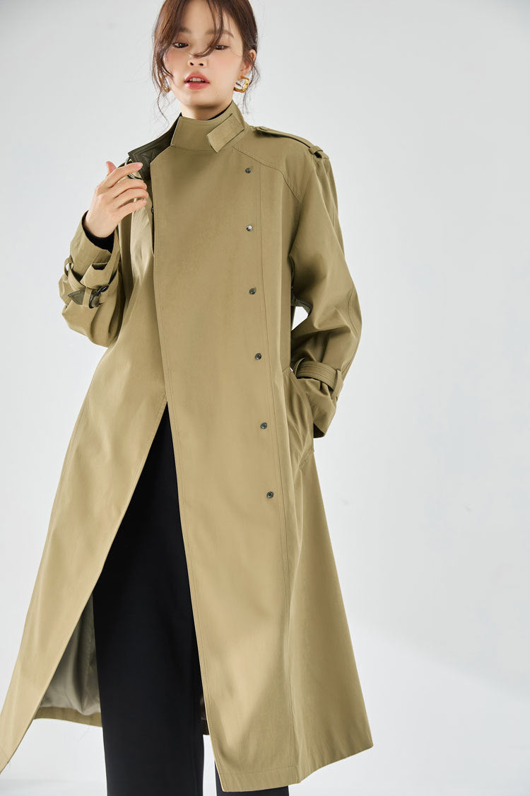 Velvet-Textured Stand Collar Mid-Length Trench Coat