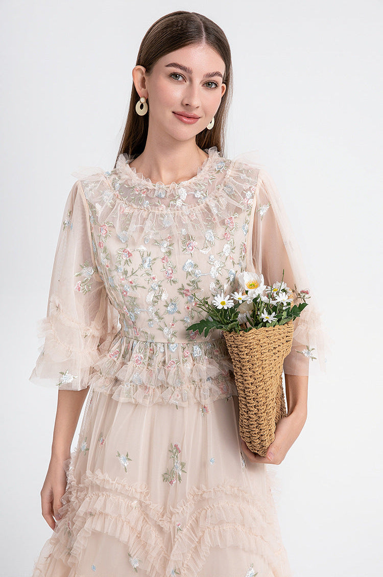 Ruffled Long Dress with Sheer Tulle Hem