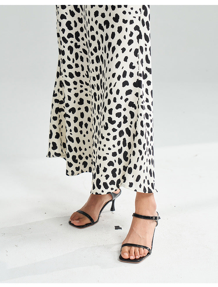 Satin Leopard Flare Skirt – Black & White Shine